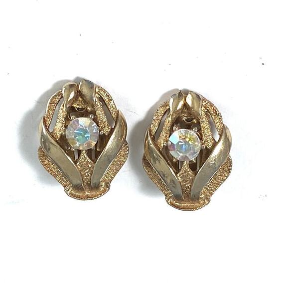 HOPE CHEST Earrings Clips Clip Ons AB Crystals Gold Tone Vintage - Picture 1 of 12